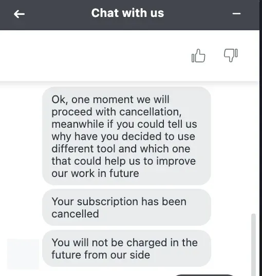 In-App-Support-Chat von Skylead mit der Bestätigung, dass das Abonnement gekündigt wurde