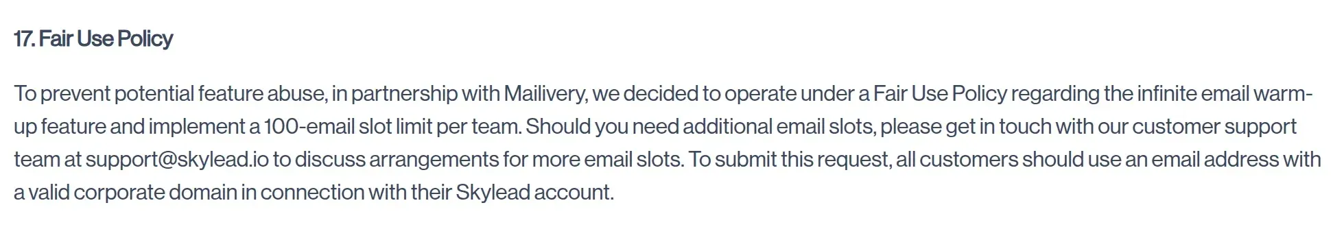 Abschnitt 17 der Geschäftsbedingungen von Skylead, der das unbegrenzte E-Mail-Warm-up auf 100 E-Mail-Konten pro Team begrenzt