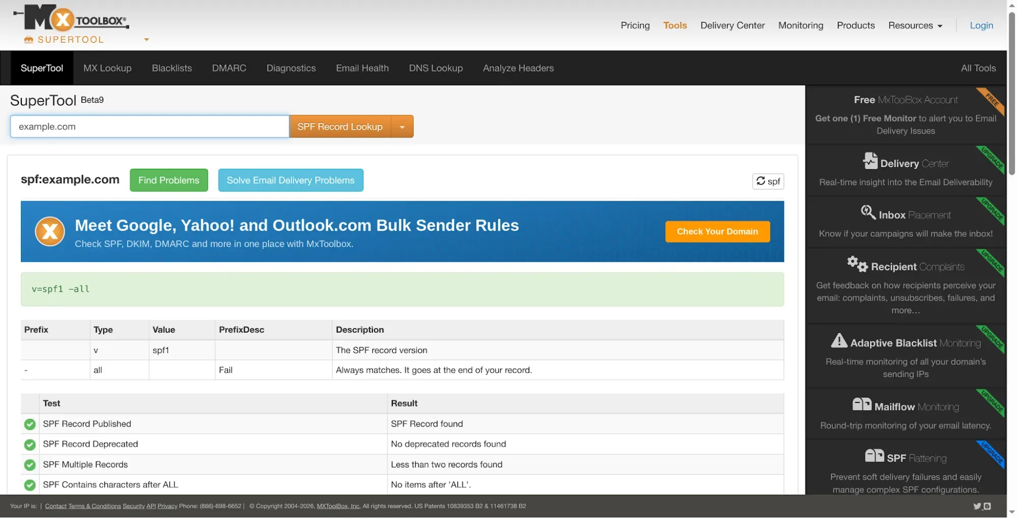 Consulta de SPF de MXToolbox para example.com que muestra v=spf1 -all y comprobaciones de configuración válidas