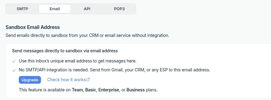 Pantalla «Sandbox Email Address» de Mailtrap que muestra el requisito de contratar un plan de pago