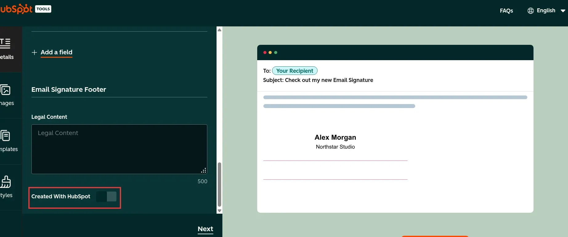 HubSpot-Signatureditor mit hervorgehobenem Schalter „Created With HubSpot“