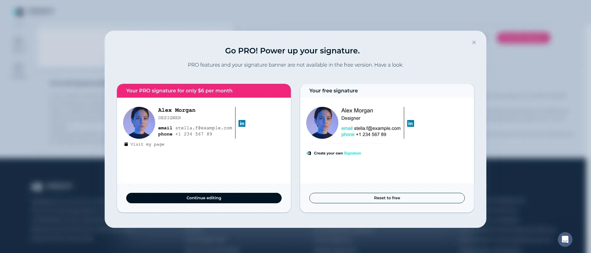 MySignature-Vergleich zwischen „PRO“- und kostenlosen Signaturdesigns mit der Schaltfläche „Reset to free“