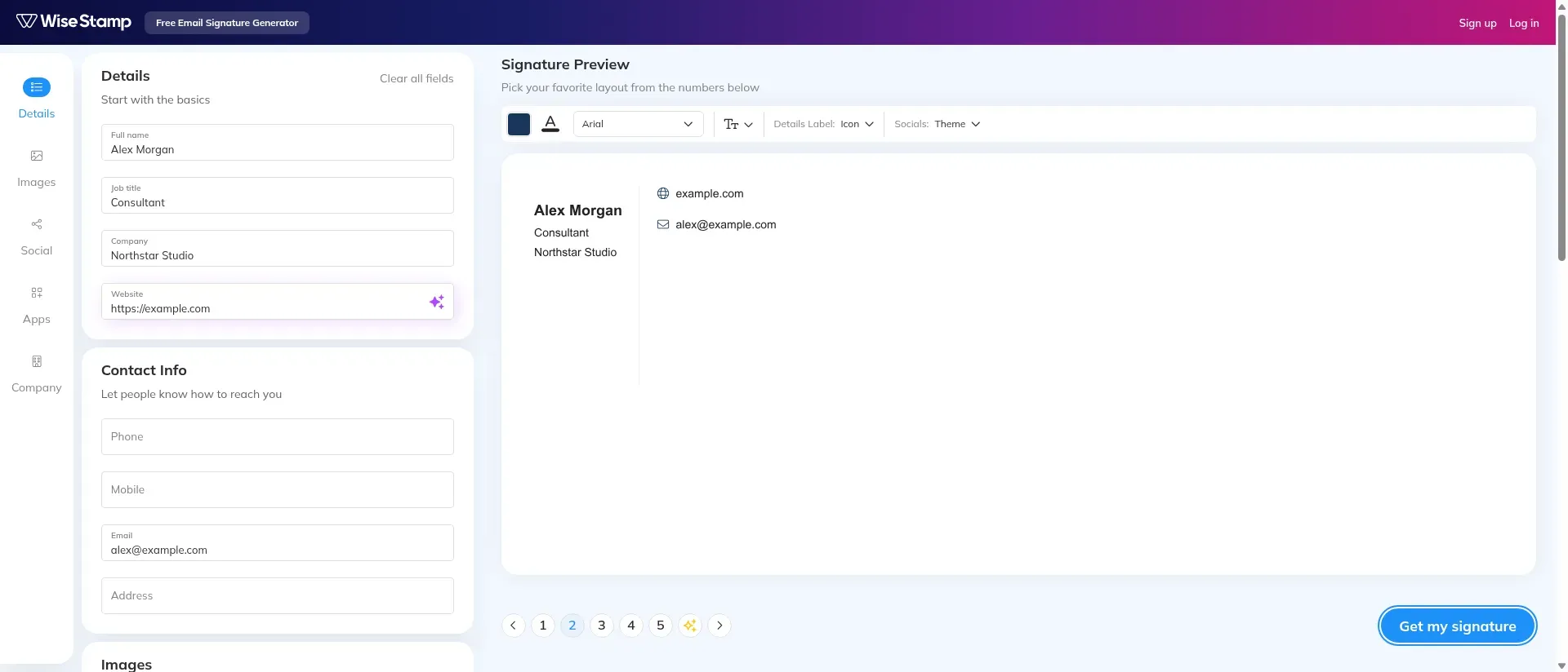 WiseStamp-Editor mit einer Signaturvorschau und Layoutoptionen