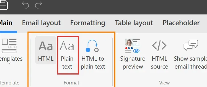 CodeTwo-Editorleiste mit den Steuerelementen „HTML“, „Plain text“ und „HTML to plain text“