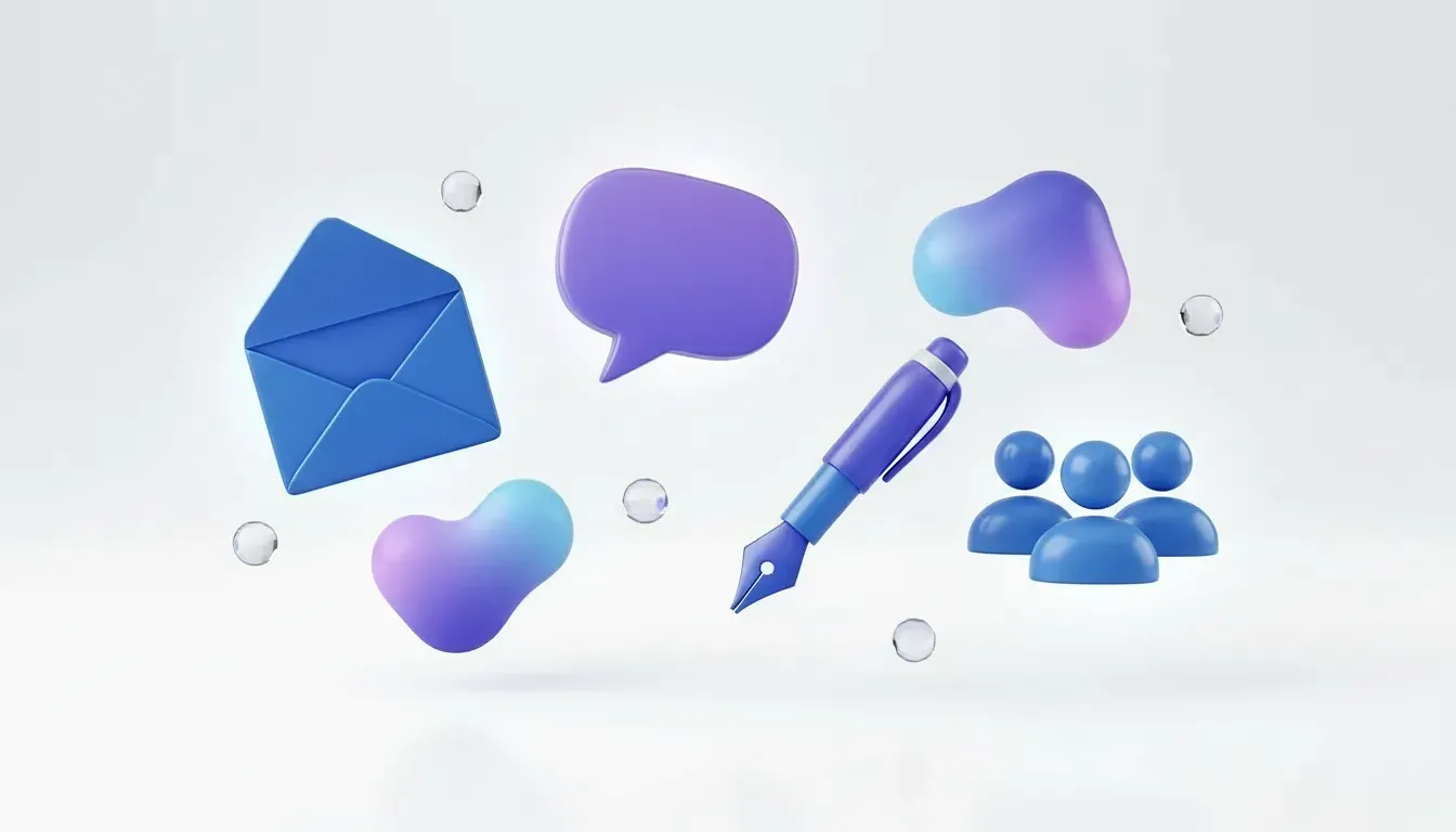 Schwebende blaue Symbole für einen Briefumschlag, einen Füllfederhalter und ein Team, die E-Mail-Signaturen darstellen