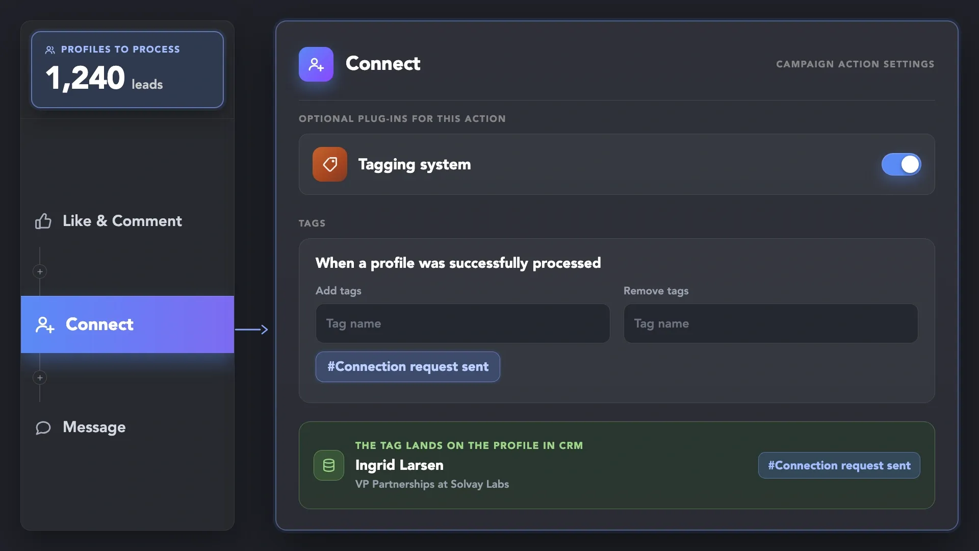 Tagging system plug-in installed in Linked Helper, with campaign action settings adding and removing tags on processed profiles