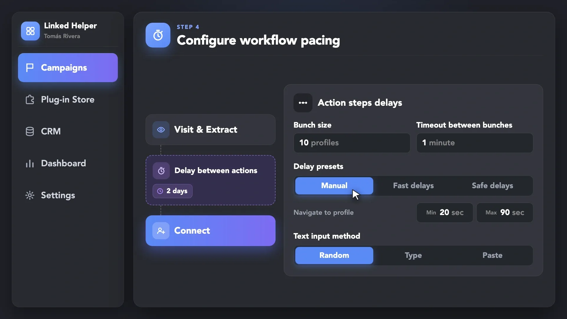 Workflow with a two-day Delay between actions and Action steps delays settings: bunch size, timeout between bunches, delay presets, and text input method