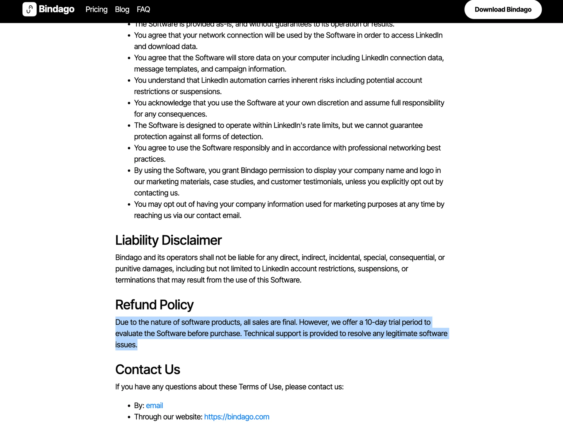 Page « Terms of Use » de Bindago montrant la fin des puces de l’accord utilisateur, une section « Liability Disclaimer » et un paragraphe « Refund Policy » surligné indiquant « Due to the nature of software products, all sales are final. However, we offer a 10-day trial period to evaluate the Software before purchase », suivi d’un bloc « Contact Us »
