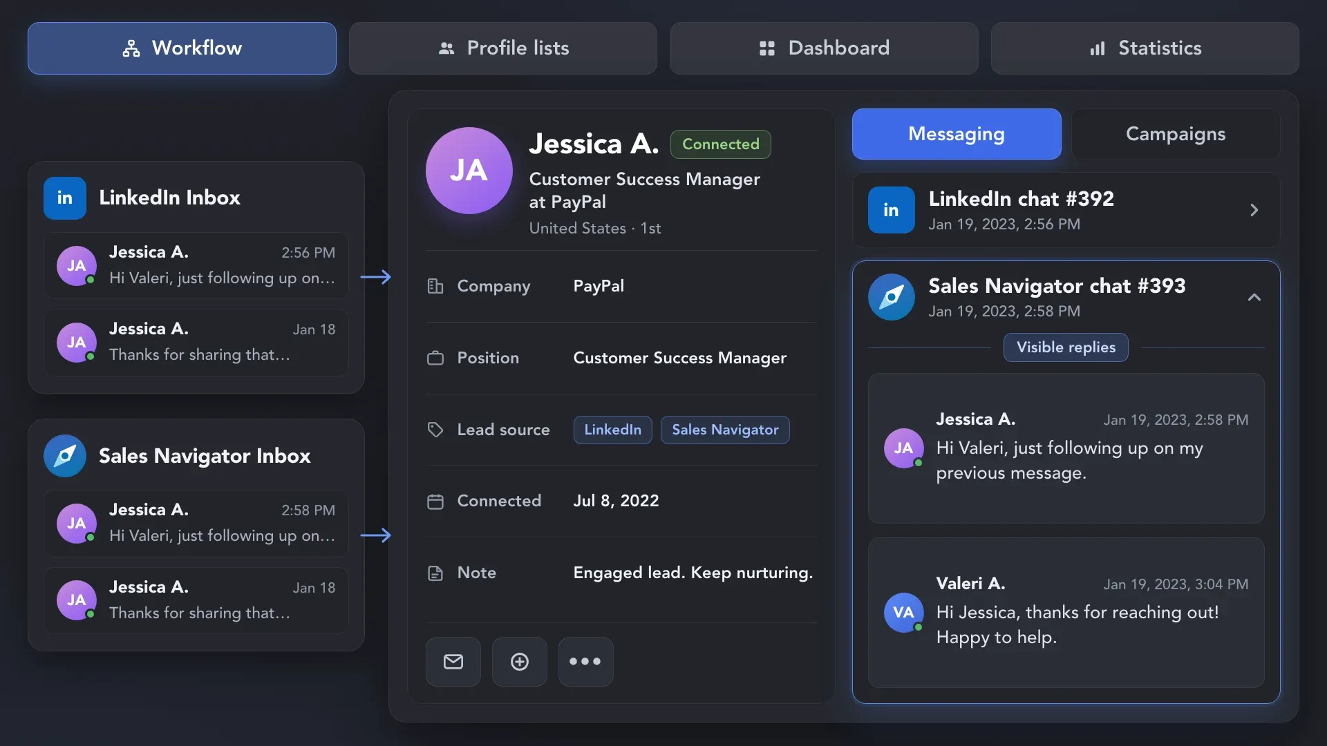 Linked Helper scraping conversations from LinkedIn and Sales Navigator inboxes and saving the message history to the lead’s CRM card.
