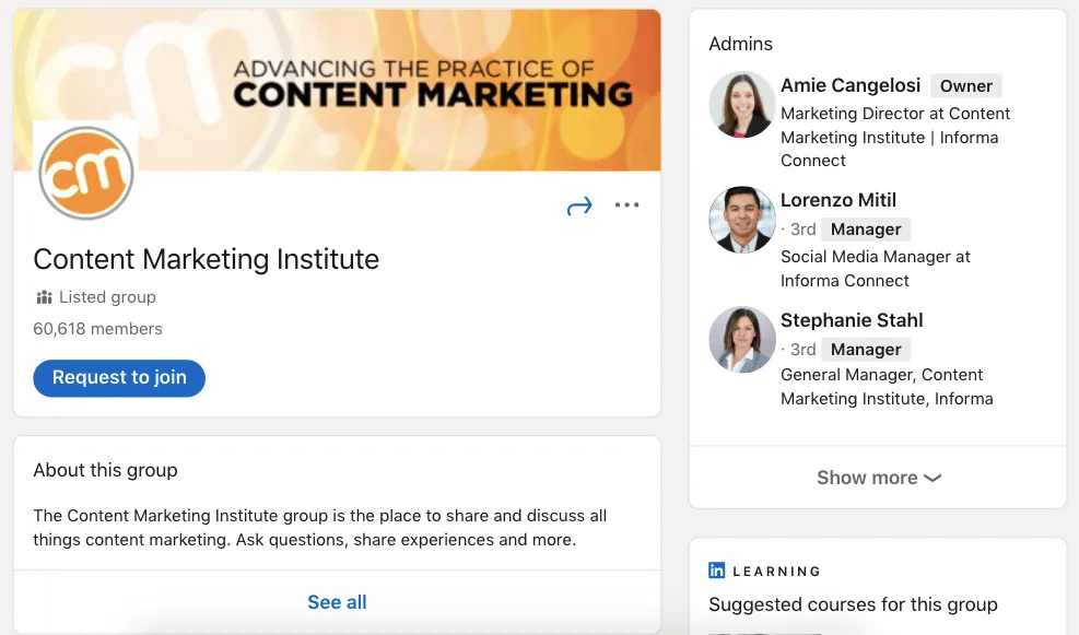 captura de pantalla de un grupo para el marketing en grupos de LinkedIn