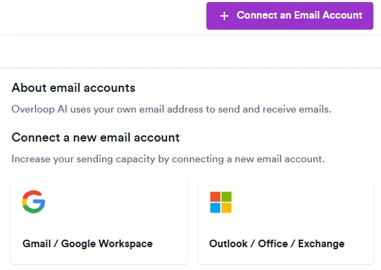 Overloop AI email-account settings — a Connect an Email Account button above the "Connect a new email account" options for Gmail / Google Workspace and Outlook / Office / Exchange