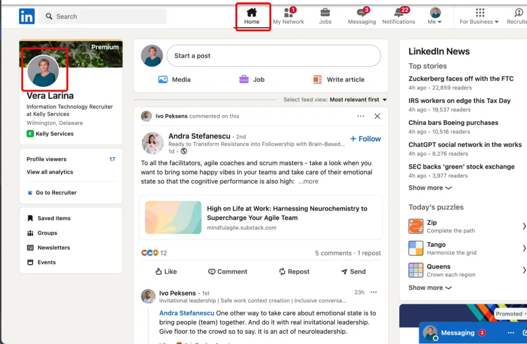 LinkedIn-Profil anzeigen – Startschaltfläche im LinkedIn-Hauptmenü