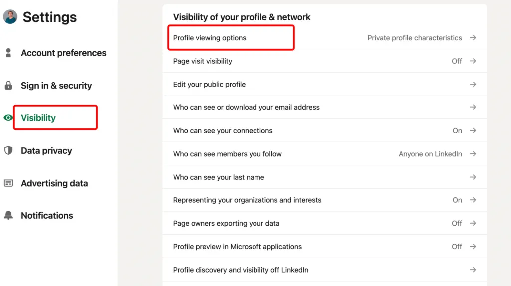 LinkedIn-Profil anzeigen – Menü zum Aktivieren der anonymen Ansicht