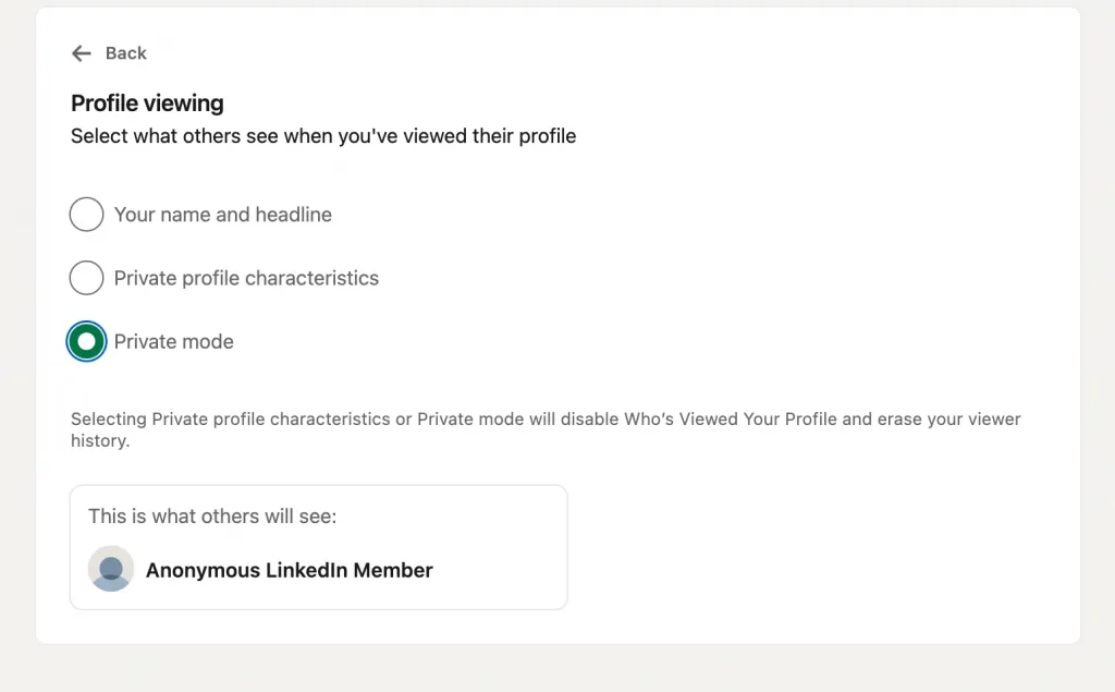LinkedIn-Profil anzeigen – Menü zum Aktivieren der anonymen Ansicht
