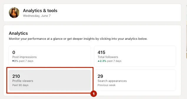 LinkedIn-Profil anzeigen – Pfad zum Bereich „Analytics & tools“