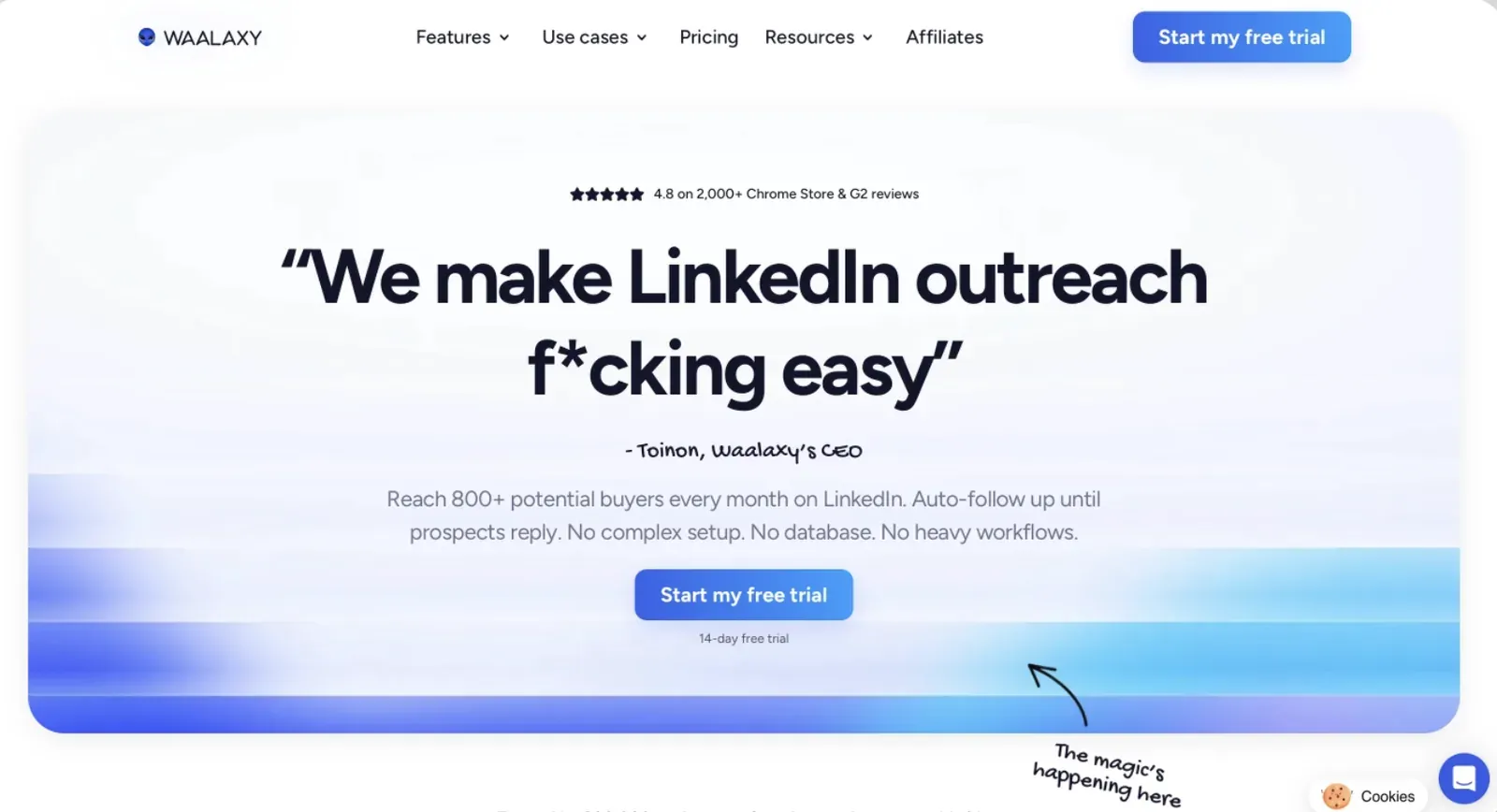 Waalaxy home page, June 2026 — LinkedIn outreach tool homepage with a 4.8 review rating