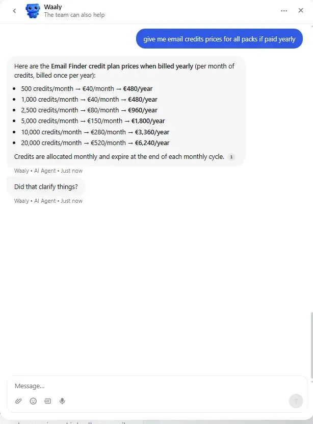 Waalaxy chat listing Email Finder credit plan prices when billed yearly
