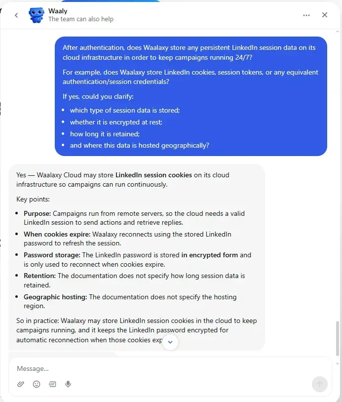 Waalaxy chat answering that the LinkedIn password is stored in encrypted form and session cookies are kept