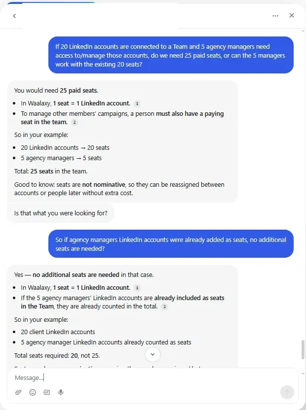 Waalaxy chat explaining that agency managers need a paying seat unless their own LinkedIn accounts are already seats
