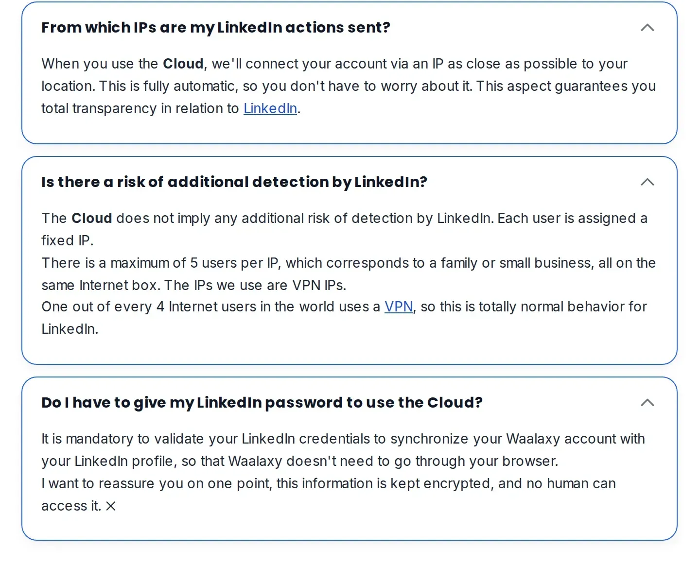 Waalaxy Cloud FAQ answering about IPs, detection risk and the LinkedIn password