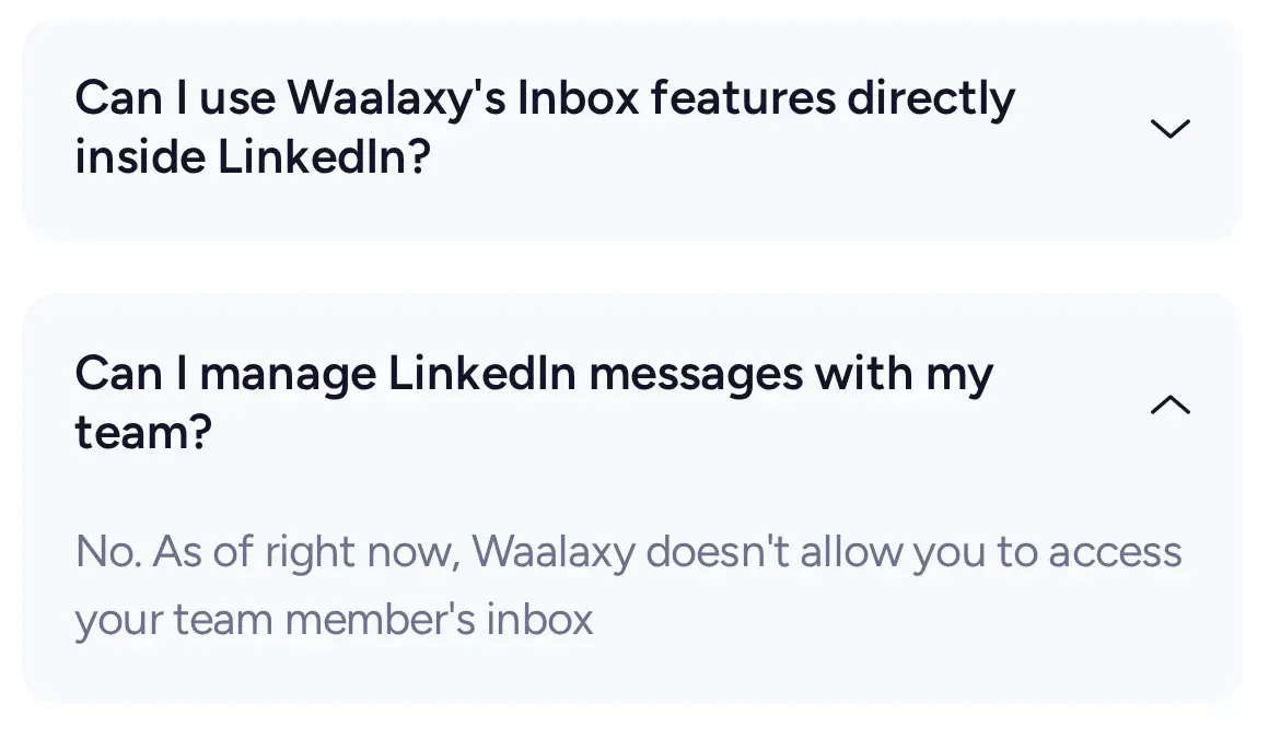 Waalaxy Inbox FAQ answering that you cannot access your team member's inbox
