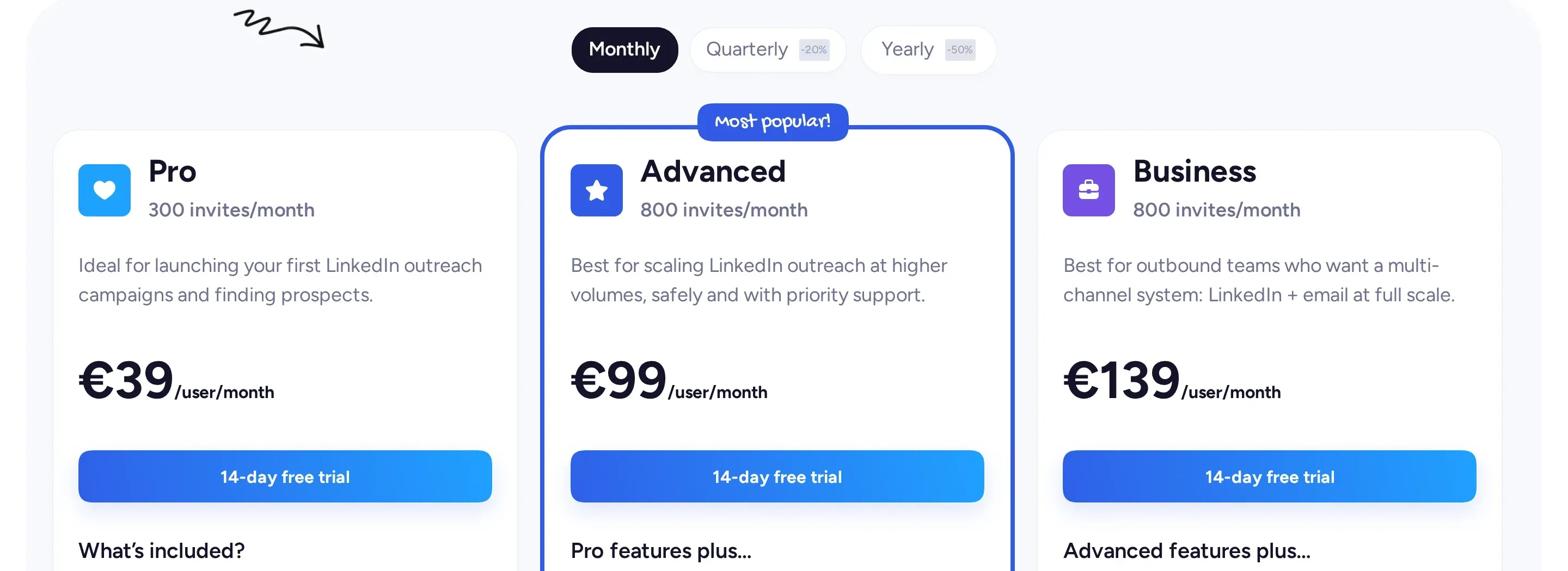 Waalaxy pricing page with the Monthly tab selected showing 39, 99 and 139 euros per user per month