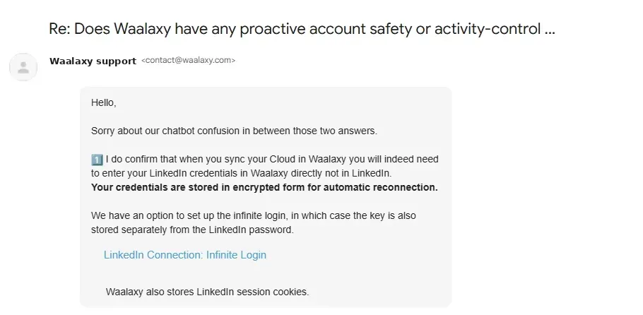 Email from Waalaxy support confirming that LinkedIn credentials are entered in Waalaxy and stored encrypted, and that session cookies are stored