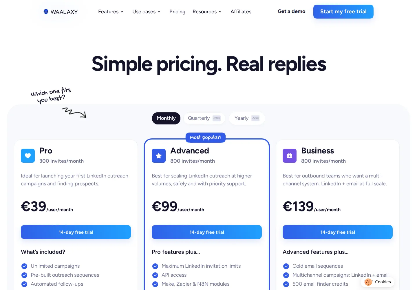 Waalaxy monthly pricing showing Pro at 39 euros, Advanced at 99 euros, and Business at 139 euros per user per month