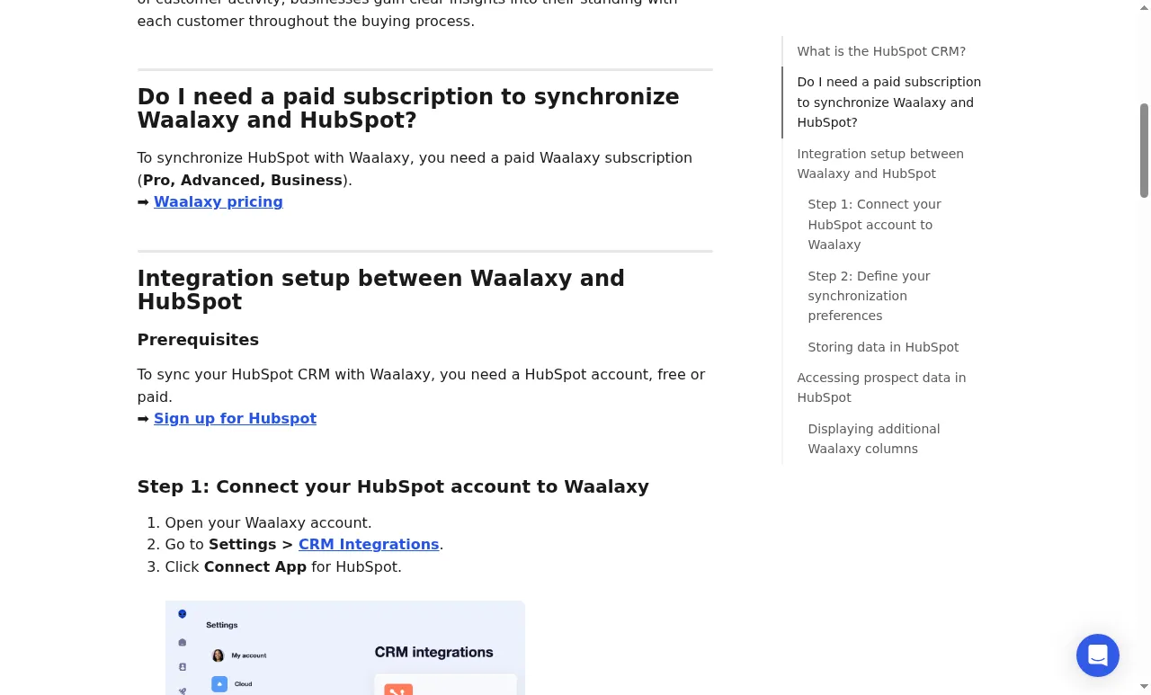 Waalaxy's HubSpot guide listing Pro, Advanced, and Business as supported plans