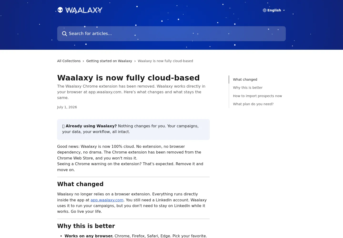 Waalaxy's July 1, 2026 announcement of its move to fully cloud-based execution