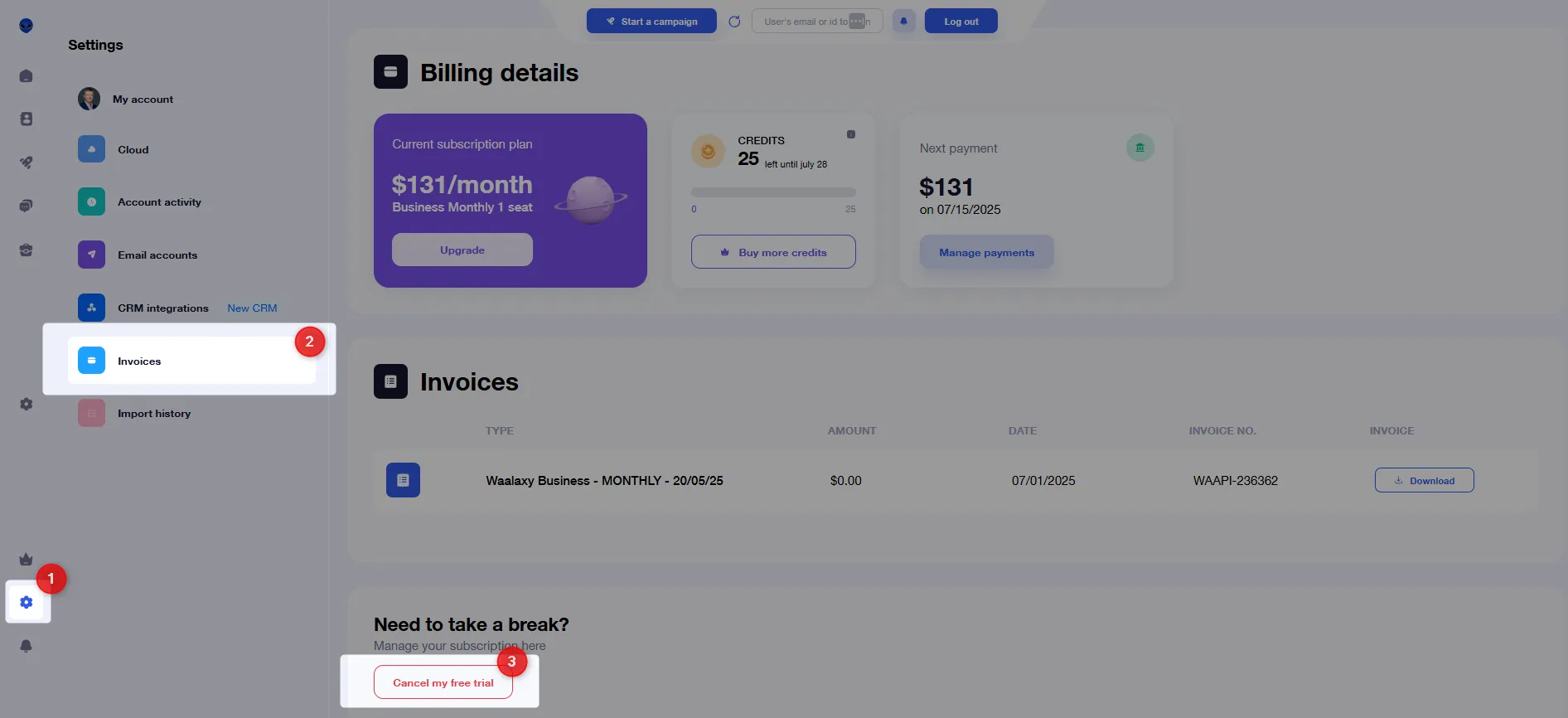 Waalaxy's official trial-cancellation screenshot highlighting Settings, Invoices, and Cancel my free trial