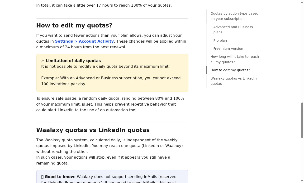 Waalaxy's quota guide showing adjustable account activity limits and randomized daily quotas