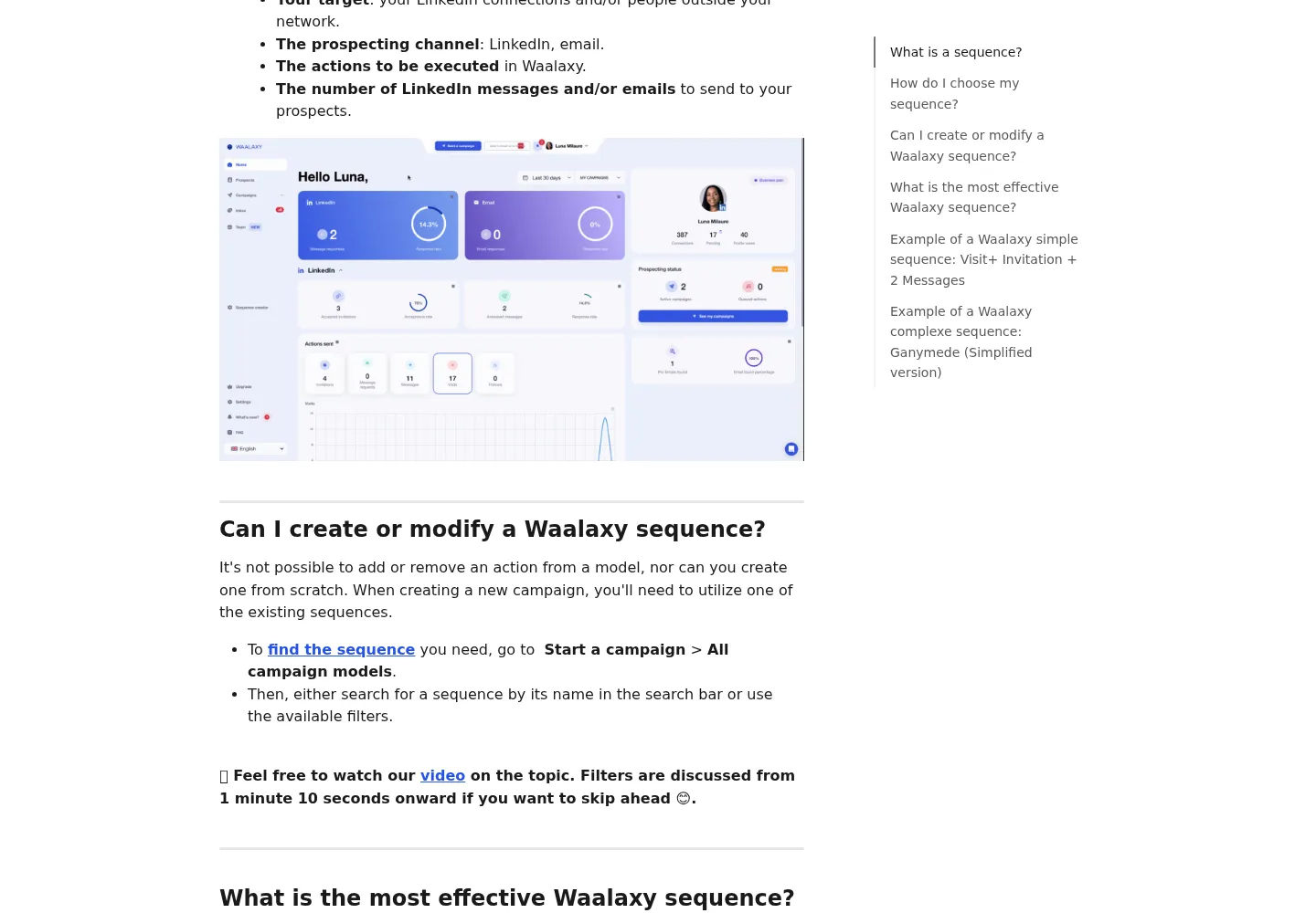 Waalaxy's sequence guide explaining that users cannot add or remove model actions or create a sequence from scratch