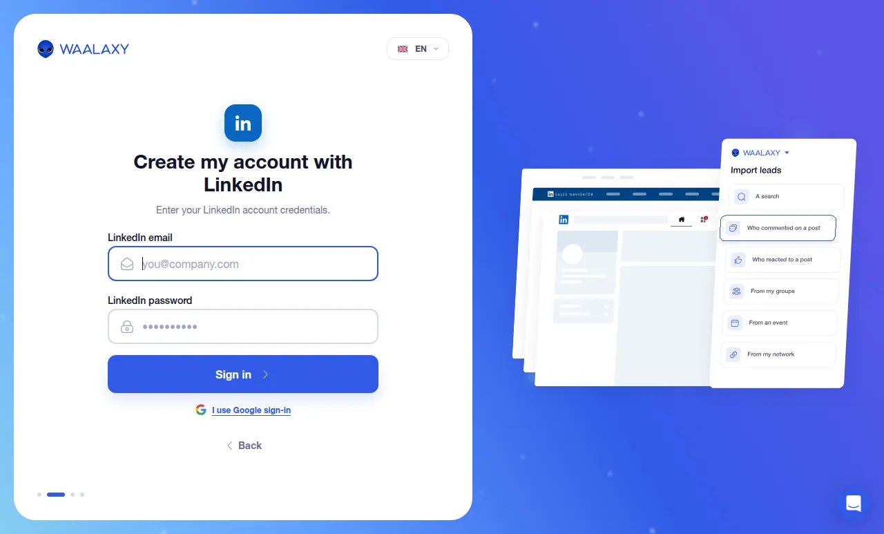Waalaxy's signup form asking for a LinkedIn email and password before entry to the application