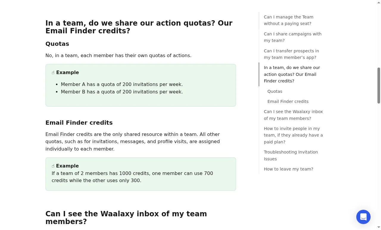 Waalaxy's Team FAQ showing separate action quotas and pooled Email Finder credits