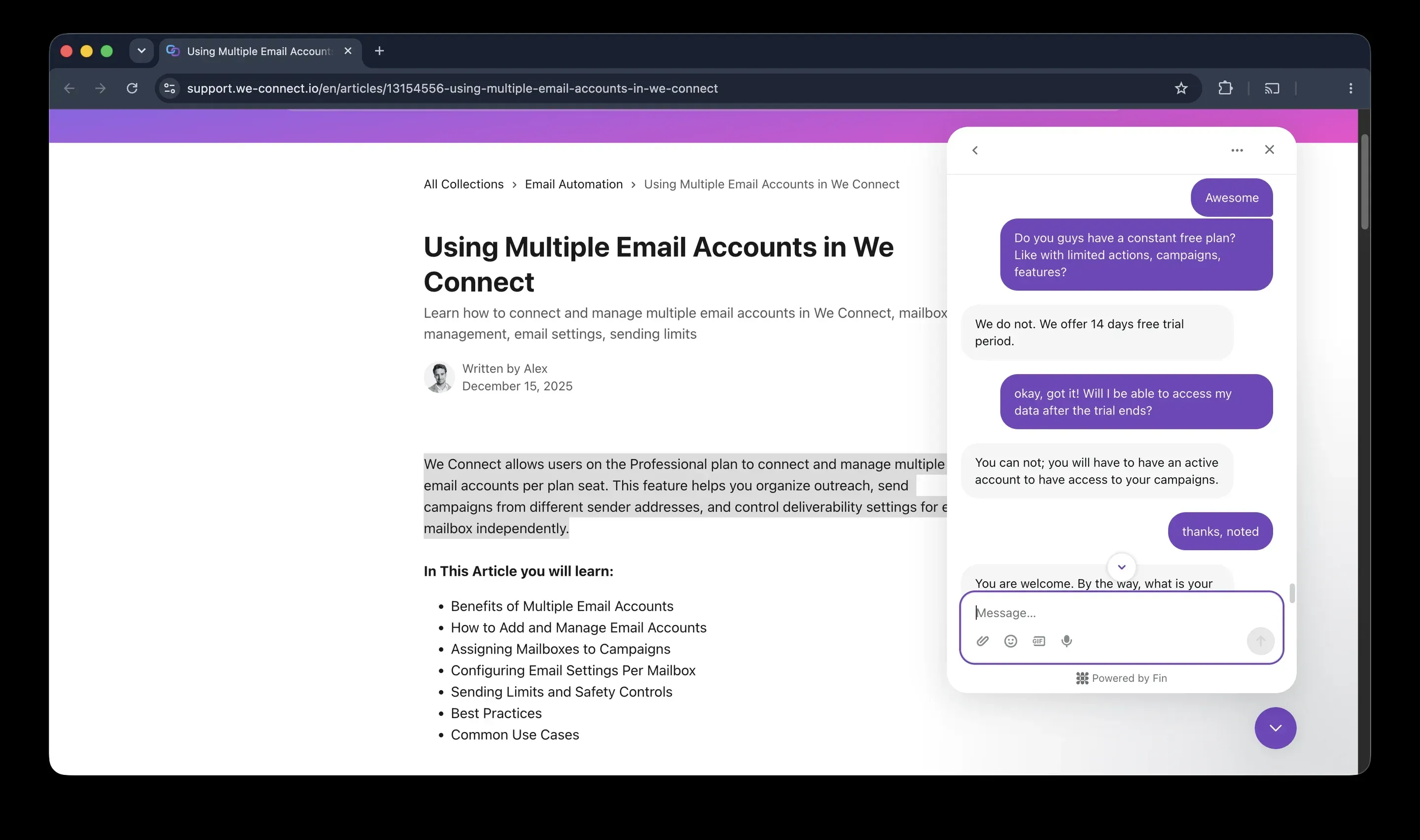 We-Connect support chat saying you cannot access your data after the trial ends without an active account