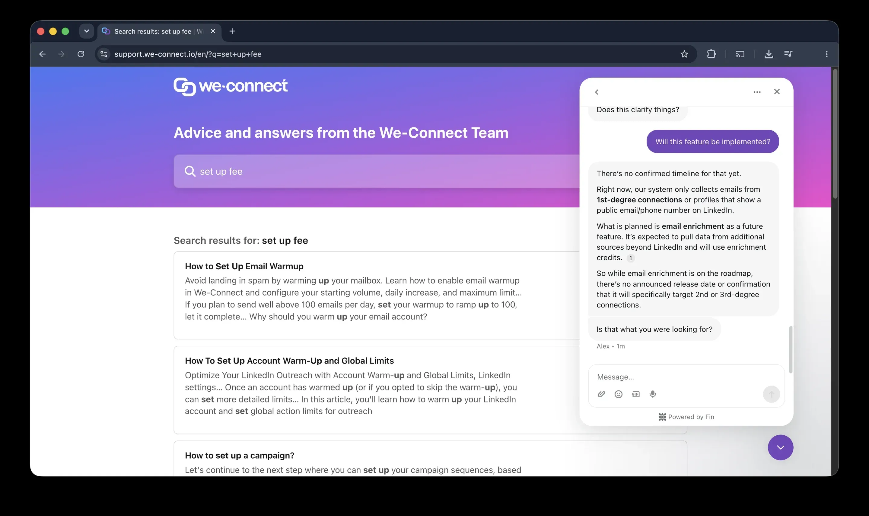We-Connect support chat saying emails are collected only from first-degree connections or public profiles, with no release date for enrichment
