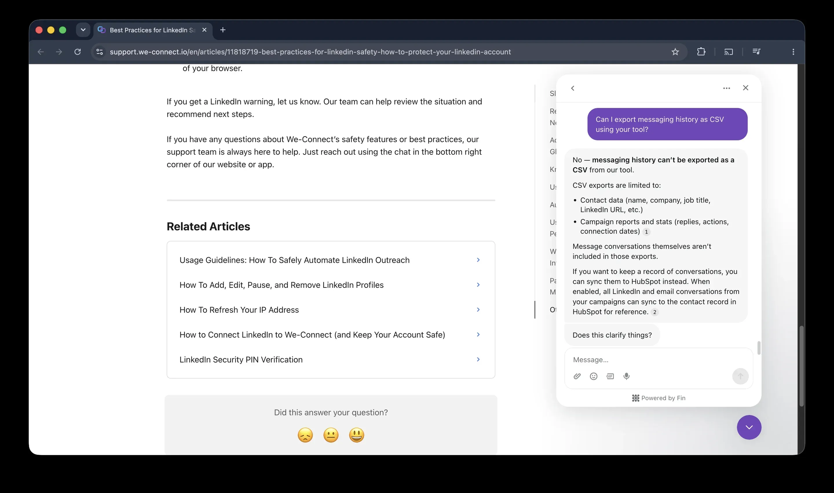 We-Connect support chat saying messaging history cannot be exported as a CSV