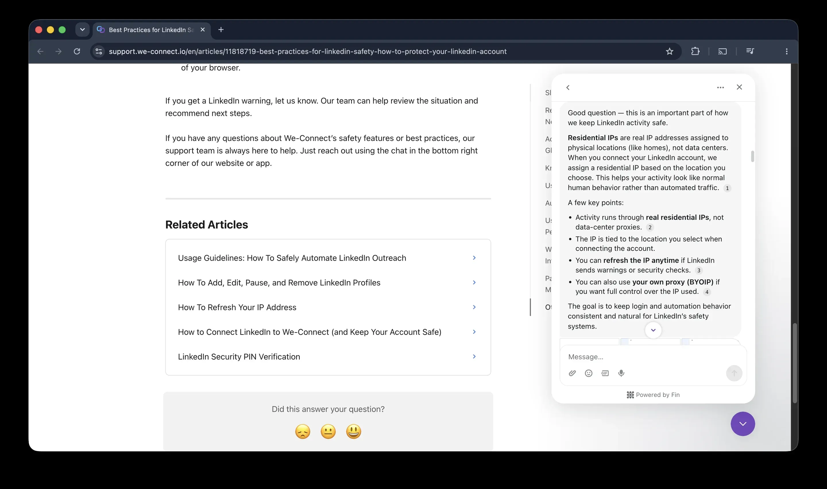 We-Connect support assistant chat saying activity runs through real residential IPs, not data-center proxies