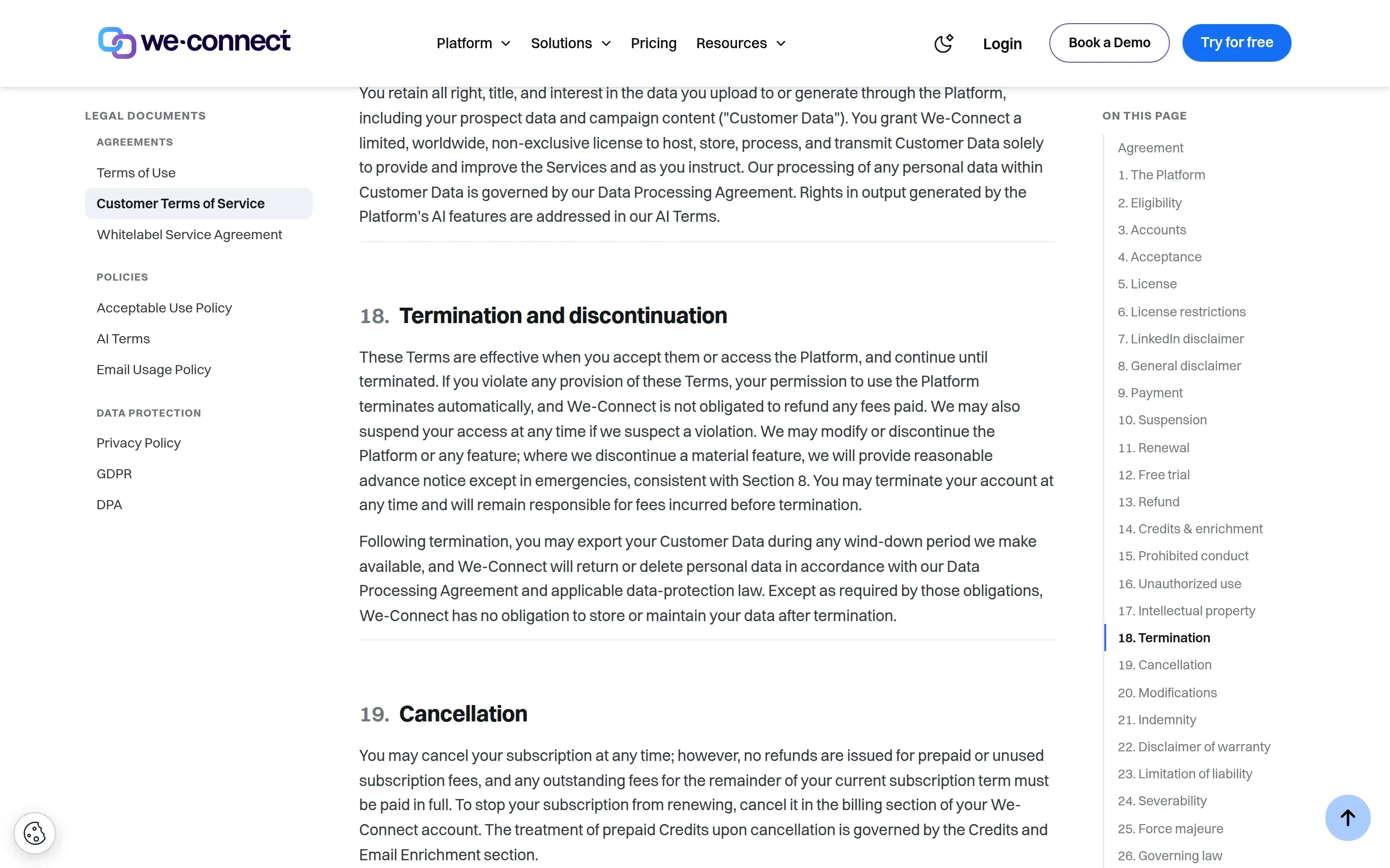 We-Connect customer terms, section 18 on termination and the export of customer data