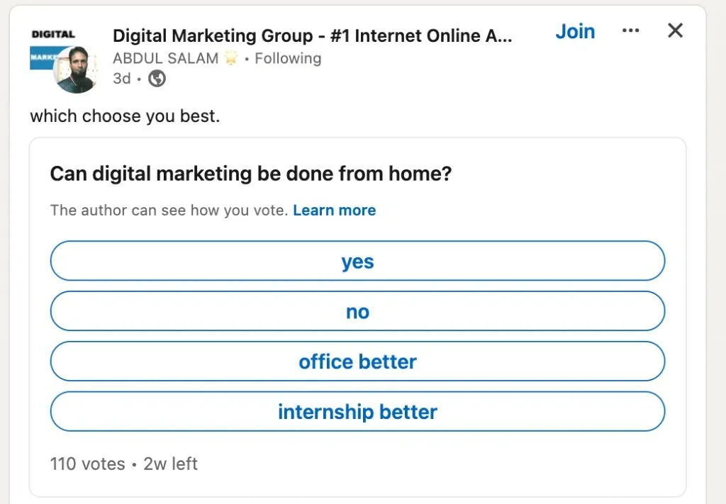 Qué publicar en una página de empresa de LinkedIn: ejemplo de una publicación con una encuesta