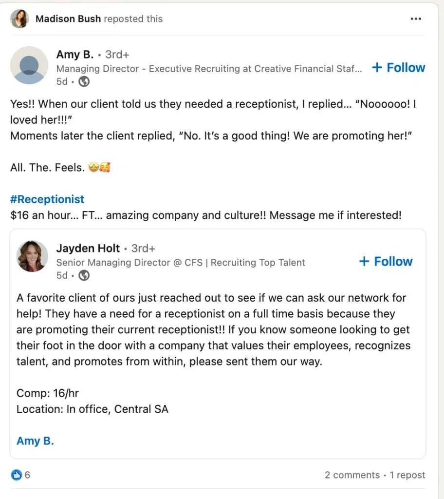 Qué comentar en una oferta de empleo de LinkedIn: ejemplo de republicación y comentario
